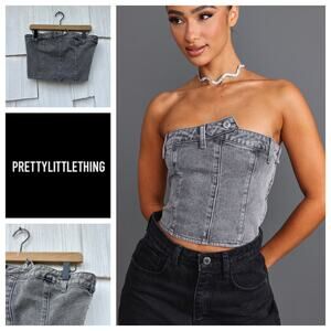 NWOT PrettyLittleThing Grey‎ Denim Button Detail Corset Top Cotton Blend Size 8P
